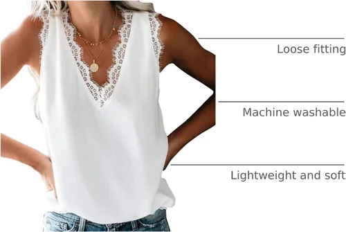 Vista 3 de VIISHOW - Camiseta sin mangas, sexy, con cuello en V y bordes de encaje para mujer, camisola de vestir, camisas de gasa, sin mangas, casuales