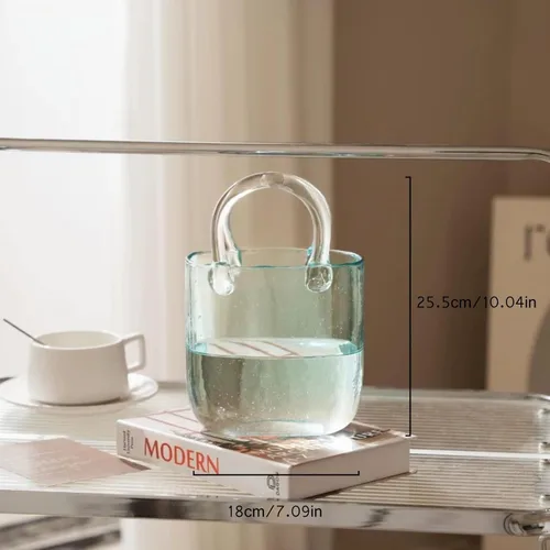 Vista 2 de Florero de cristal, florero en forma de bolso con asa, jarrones de vidrio transparente para decoración del hogar, bodas, eventos, oficina o centros