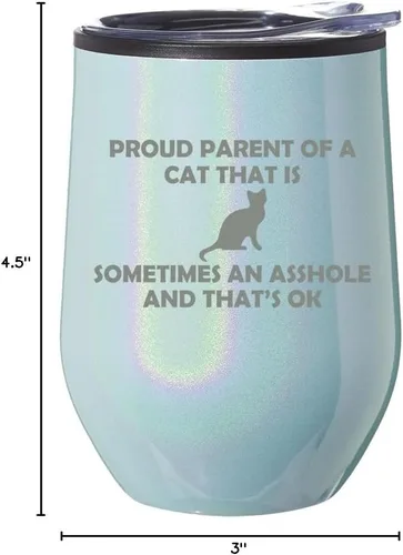 Vista 2 de Vaso de vino sin tallo, taza de viaje de café con tapa, regalo orgulloso para padres y gatos divertidos (purpurina azul)