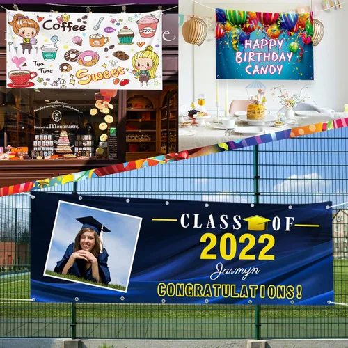 Vista 6 de Pancartas y letreros personalizados para exteriores con texto fotográfico, pancarta personalizada para negocios, cumpleaños, fiestas de graduación