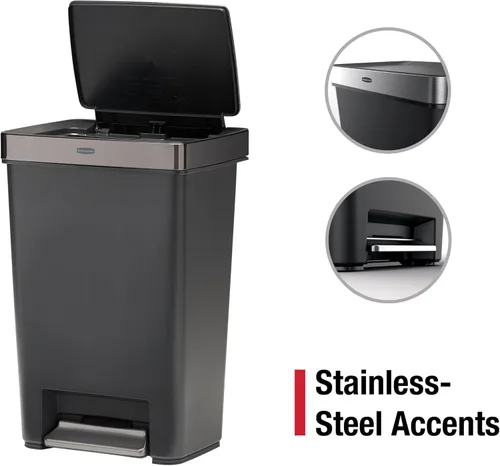 Vista 2 de Rubbermaid Serie Premier IV Contenedor de basura con tapa para pisar para el hogar y la cocina, 12.4 galones, tapa de acero inoxidable color carbón