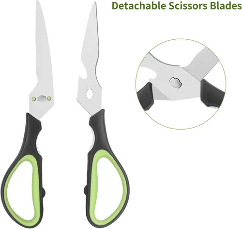 Vista 3 de Tijeras de cocina, cuchillas de acero inoxidable, agarre suave, juego de tijeras de cocina multiusos resistentes, negro/verde, juego de 4 piezas