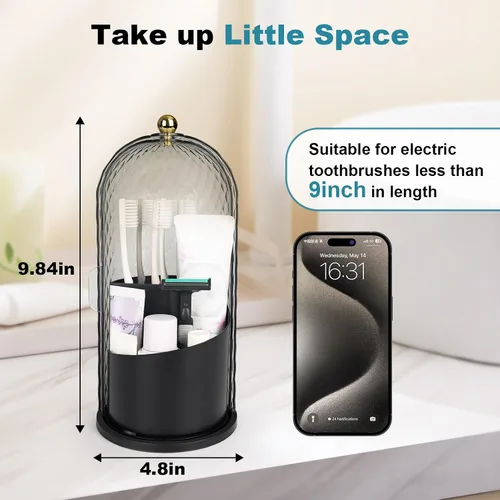 Vista 7 de QIYVLOS Portacepillos de dientes con tapa deslizante, organizador giratorio de 3 ranuras para baño, encimera, soporte para pasta de dientes