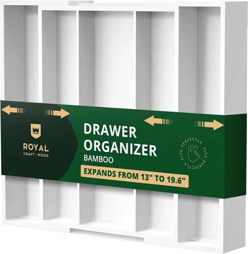 Vista 14 de ROYAL CRAFT WOOD Organizador de cajones de cocina de bambú de lujo, organizador de cubiertos, soporte para utensilios y bandeja de cubiertos