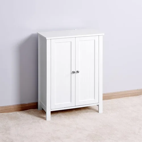 Vista 2 de NewCosmos Gabinete de almacenamiento de piso de baño con estante ajustable de doble puerta, color blanco