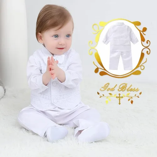 Vista 7 de Booulfi Trajes de bautizo para bautizo, ropa para niños, 5 piezas, trajes blancos