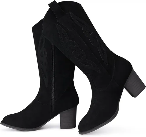 Vista 6 de SHIBEVER Botas vaqueras para mujer 2025 botas vaqueras a media pantorrilla con bordado occidental de tacón alto y punta puntiaguda