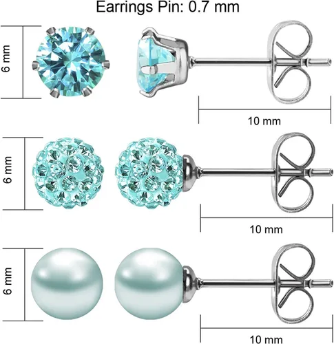 Vista 36 de JewelrieShop - Juego de aretes de tuerca de acero inoxidable con circonitas cúbicas y perlas de imitación, 3 pares de 0.236 in