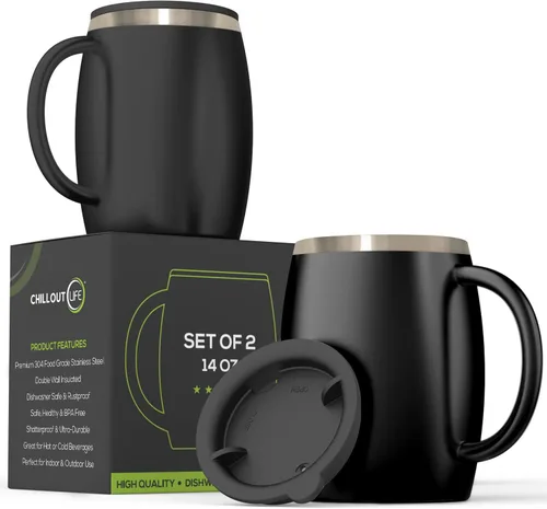 Vista 11 de Juego de 2 tazas de café aisladas de acero inoxidable (14 onzas) de doble pared con tapa y asa resistentes a derrames, tazas inastillables
