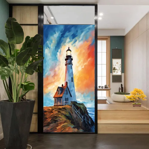 Vista 9 de Película de privacidad para ventana de faro blanco retro, estilo costero, acuarela abstracta, vitrales, película de adherencia estática para tiendas