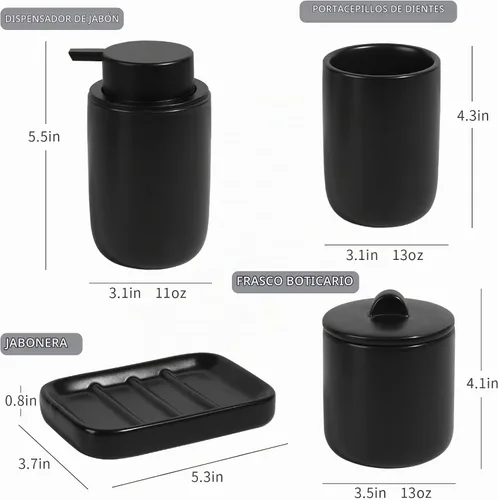 Vista 4 de BosilunLife Juego de 4 accesorios de baño de cerámica negra Negro suave
