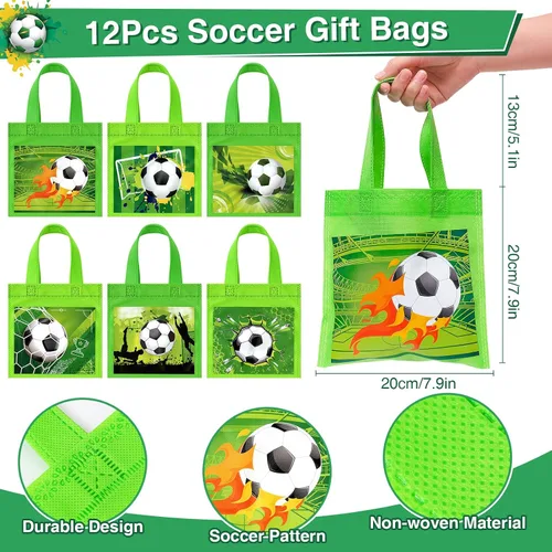Vista 2 de Winrayk Juego de 12 regalos de fiesta de fútbol para niños, suministros de cumpleaños deportivos, bolsas de regalo no tejidas, pulsera de palmada
