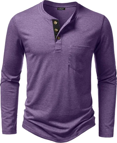 Vista 17 de LucMatton - Camiseta Henley para hombre, ligera, casual, elástica, ajuste entallado, manga larga, con bolsillo Verde militar