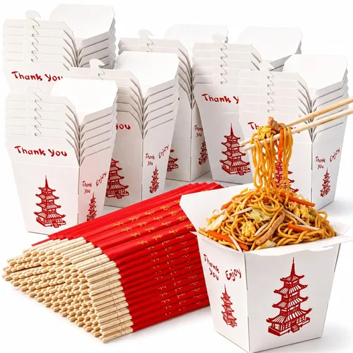 Vista 7 de Sabary 50 juegos de cajas chinas de 8 onzas para llevar con palillos, recipientes de papel de pagoda para alimentos con palillos desechables