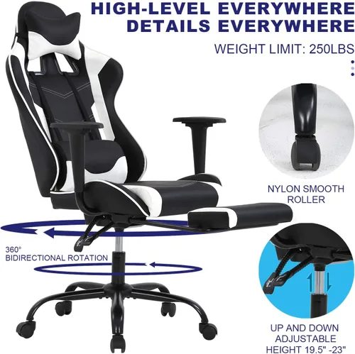 Vista 5 de HCY Silla ergonómica de respaldo alto, estilo carreras, con reposapiés, reposacabezas y soporte lumbar, altura ajustable, silla de oficina de piel