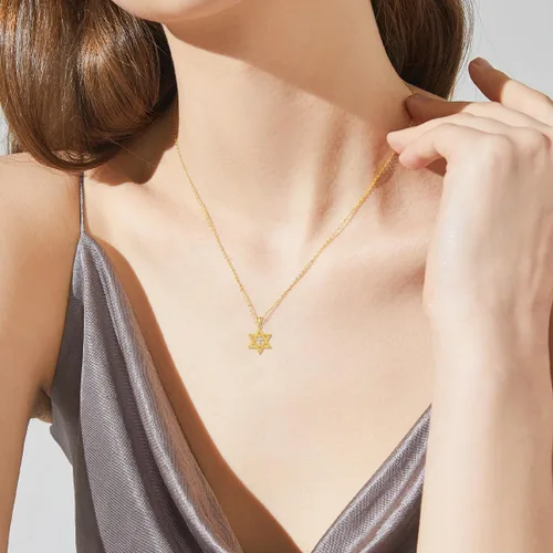 Vista 2 de Blocaci Collares con dije de estrella de David de oro de 14 quilates para mujer, collar con dije de cruz de David con cruz de mal de ojo