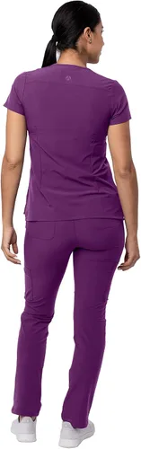 Vista 2 de Adar - Uniforme tipo filipina, con camisa de cuello en V y pantalones con bolsillos tipo cargo, para mujer