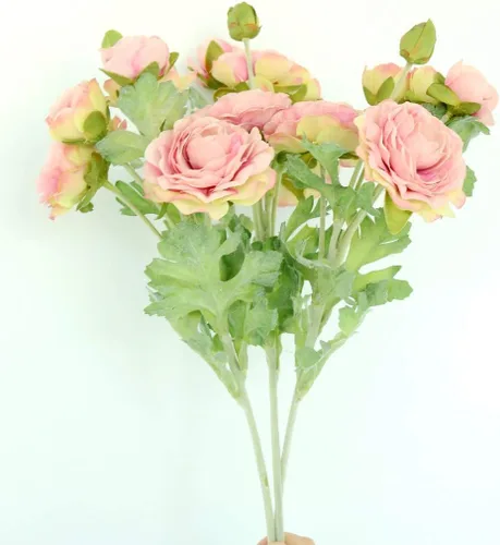 Vista 6 de Htmeing 3 piezas de flores artificiales de ranúnculo flocado, tallos en aerosol para bricolaje, flores de boda, ramos de novia de seda, centros