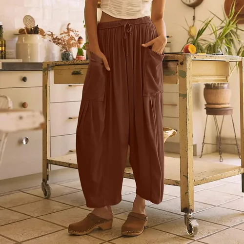 Vista 3 de Bemona Pantalones de lino de pierna ancha para mujer, cintura elástica, pantalones holgados con cordón y bolsillos, pantalones cortos de verano