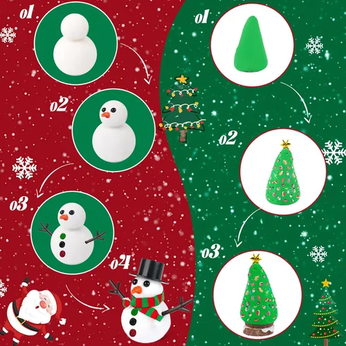 Vista 4 de FIIOEOY Juego de 24 piezas de arcilla para niños con diseño de muñeco de nieve y árboles de Navidad, colorido juego de manualidades de Navidad