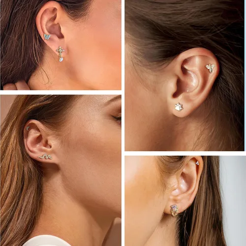 Vista 3 de FUNRUN JEWELRY 9 aretes de cartílago de 16G para mujer, acero inoxidable 316L, parte trasera plana, circonita cúbica, mariposa, flor, cartílago