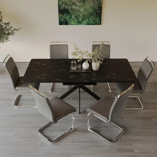 Vista 22 de Mesa de comedor de mármol para 4-8, mesa de comedor extensible de 62.4 a 78.15 pulgadas, mesa de cocina moderna, mesa rectangular que ahorra espacio