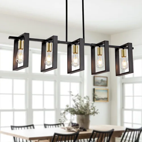 Vista 13 de Lámpara colgante de comedor de granja, para isla de cocina, rústica, 4 luces, madera y metal negro, lámpara rectangular para colgar en el techo