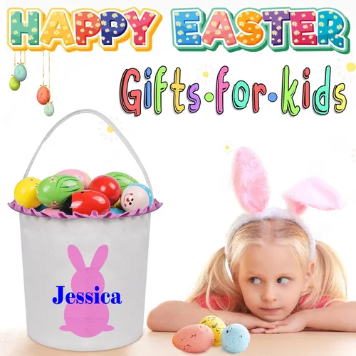 Vista 4 de Cestas de Pascua personalizadas para niños y niñas, cestas de conejo de Pascua personalizadas para niños, cesta de caza de huevos de Pascua, regalos