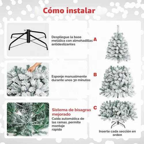 Vista 6 de COSTWAY Árbol de Navidad flocado de nieve de 6 pies, pino artificial con bisagras Blanco