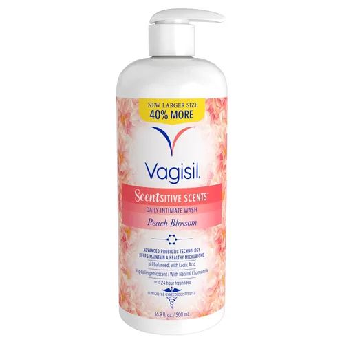 Vista 8 de Vagisil Lavado Femenino para la Higiene del Área Íntima, Scentsitive Scents, pH Equilibrado y Probado por Ginecólogos, Flor de Durazno, 12 oz