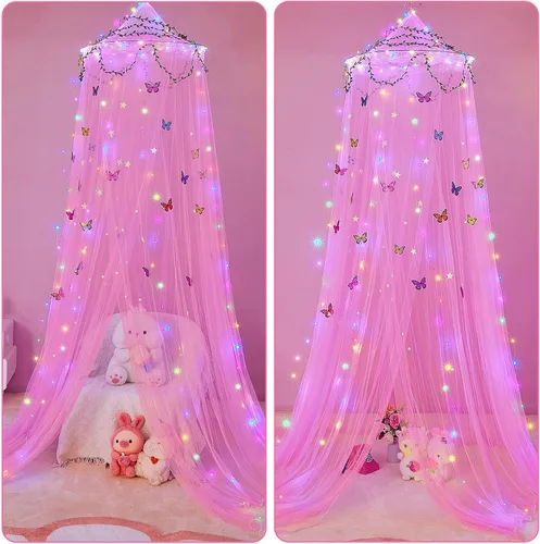 Vista 5 de FIOBEE Toldo de Cama para Habitación de Niñas, Cortinas de Dosel con Luces LED, Mosquitero con Red de Malla, Decoración DIY de Habitación