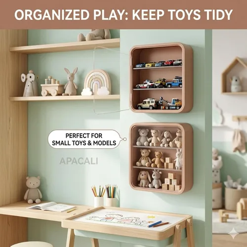 Vista 5 de Vitrina en miniatura para figuras coleccionables, caja transparente con estantes, organizador de plástico montado en la pared o en el escritorio