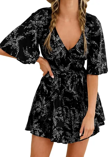 Vista 2 de Relipop Enterizo de verano para mujer, diseño floral, cuello en V, manga corta, cintura con nudo y dobladillo con volantes, overol corto casual