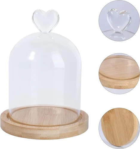 Vista 5 de Amosfun Love - Cubierta de cristal para exhibición de flores, cúpula de cristal transparente con base de madera para decoración del hogar