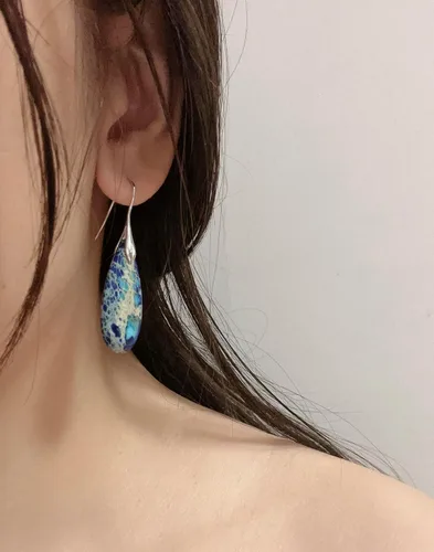 Vista 4 de SELOVO Pendientes colgantes con forma de aro de piedra en tono plateado