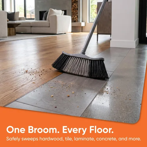 Vista 8 de Superio Escoba gris, escoba resistente para interiores y exteriores con mango de 48 pulgadas, limpieza de suelos multisuperficie para el hogar Gris