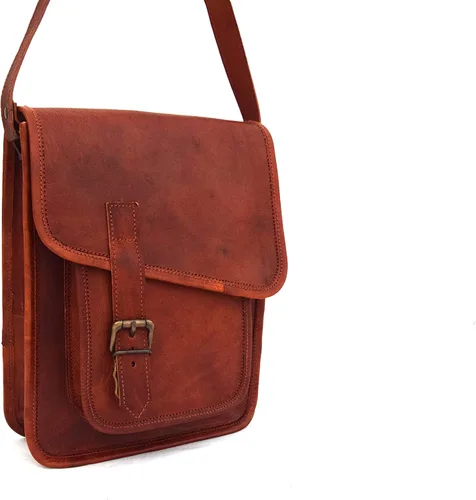 Vista 6 de Bolso bandolera de cuero genuino de 11 pulgadas para hombres y mujeres, unisex, para adolescentes, bolso bandolera para iPadTab Mini, Marrón