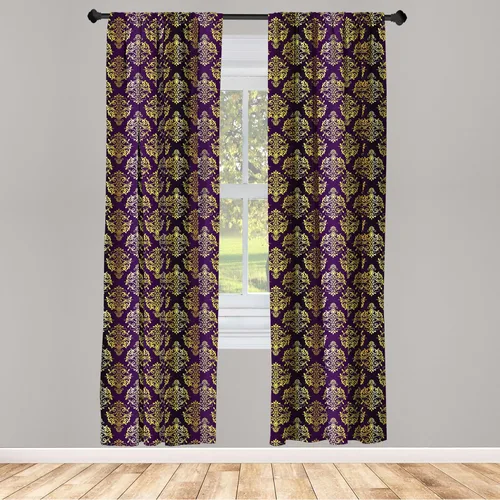 Vista 2 de Ambesonne Yellow Damask Curtains, Graphic Pattern of Oriental Leaf and Dot Repeating Print, Window Treatments 2 Panel Set for Living Room Bedroom