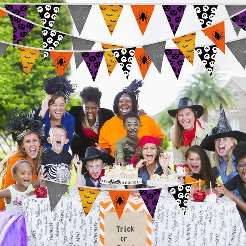 Vista 6 de Lucleag Pancartas de Halloween de 32.8 pies, bandera triangular, banderines de tela de Halloween para decoración de fiesta de Halloween