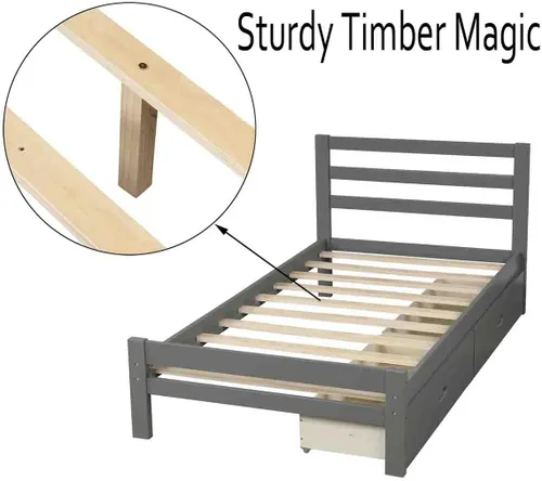 Vista 4 de Base de cama con 2 cajones, base de cama moderna de plataforma de madera con cabecero para niños, adolescentes y adultos, base de colchón Camas, sin