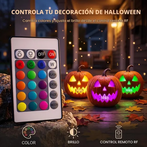 Vista 4 de Luces LED de calabaza con control remoto, 16 colores, 4 modos, funciona con pilas, luces sumergibles que cambian de color, para Halloween, calabaza