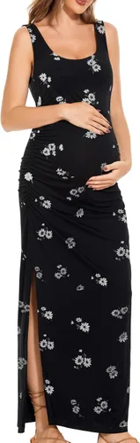 Vista 2 de Smallshow Vestido de maternidad largo dividido para mujer, ropa de embarazo fruncida