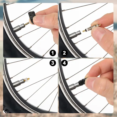 Vista 6 de Kit de reparación de núcleo de válvula para Presta, 4 núcleos de válvula, 4 tapas de núcleo de válvula, 4 tuercas, 2 tapas de plástico, 2