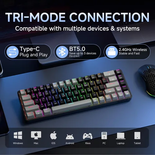 Vista 3 de DIERYA Teclado mecánico inalámbrico DK68 60% para juegos, 3 modos Bluetooth2.4GUSB-C con interruptor azul clicky, retroiluminación RGB