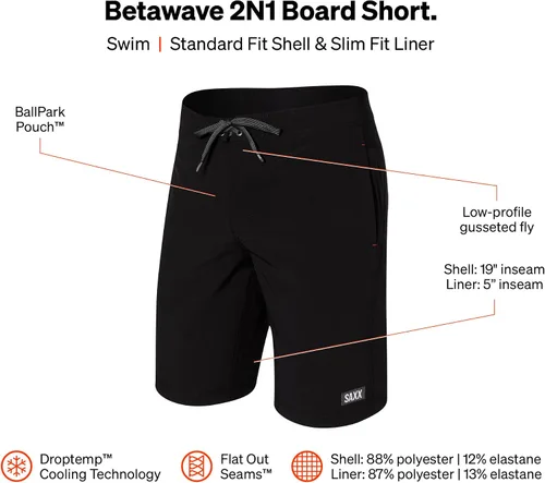 Vista 6 de Saxx Betawave 2N1 Boardie - Pantalones cortos de natación para hombre con soporte de bolsa, pantalones cortos con forro de malla y bolsillos