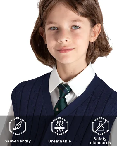 Vista 5 de BOBOYOYO Chaleco de suéter para niños, 100% algodón, chaleco para uniforme escolar, chaleco con botones para niños y niñas