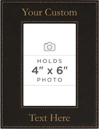 Vista 6 de Marco de fotos de piel sintética de cuero sintético grabado para añadir tu texto personalizado para colgar o en la mesa, marco de fotos familiares
