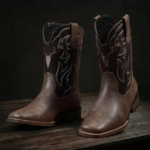 Vista 3 de Cowboy Boots for Men Square Toe Western Boots Retro Classic Embroidered Pull On Boot Café