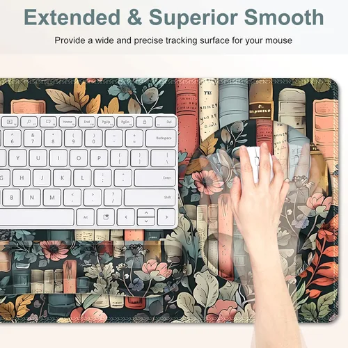 Vista 4 de Alfombrilla de mouse con estética natural de flores, XXL gran alfombrilla de escritorio extendida para la lectura, 4 piezas de base de goma