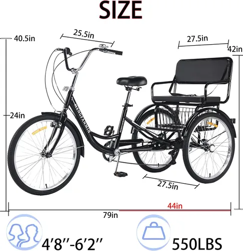 Vista 3 de Triciclo para adultos de 7 velocidades, bicicletas de 3 ruedas con asiento trasero, triciclo para adultos de 20/24 pulgadas, ruedas bajas con cesta